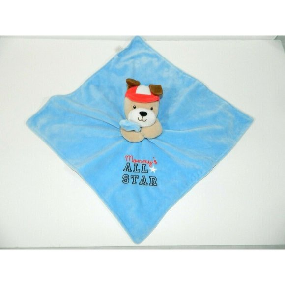 Okie Dokie Mommy's All Star Rattle Puppy Dog Security Blanket Blue Satin Velour - Picture 1 of 6
